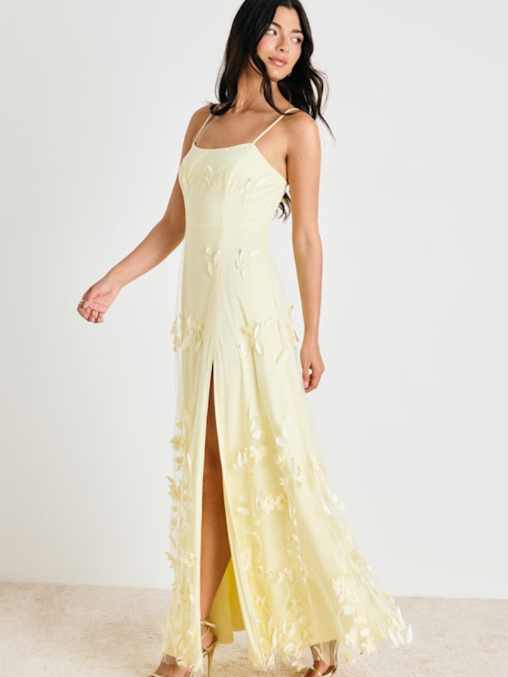 Lulus Abundant Charm Pale Yellow 3d Floral Applique Maxi Dress - Size M